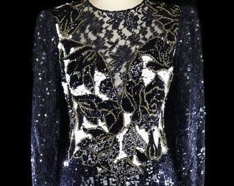 Saks 5th Ave beaded lace dress, vintage LBD black sequined cocktail trophy, 1980s 80s, long sleeve, ivory white sequins, floral flowers