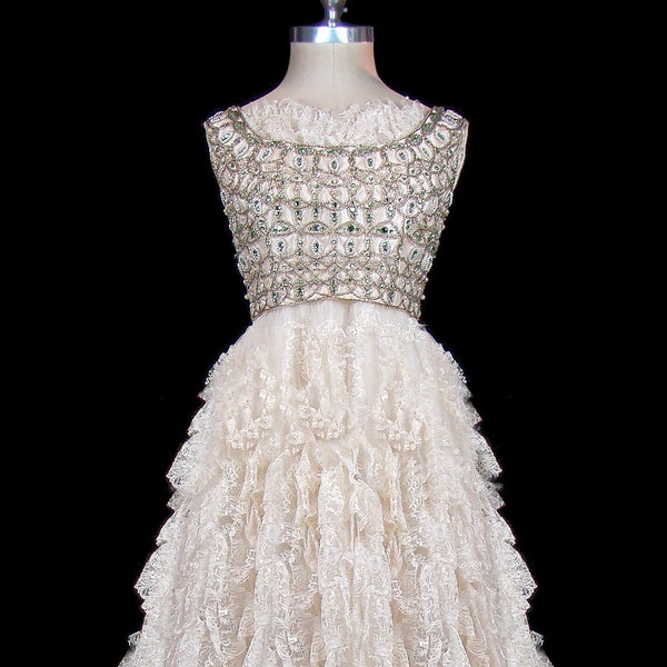 Oleg Cassini dress 1950s 1960s vintage prom wedding gown beaded ivory lace ruffles rhinestones sleeveless big skirt couture bridal reception