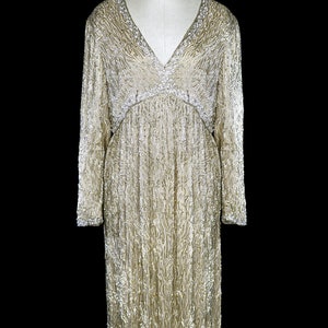 Stark perlenbesetztes Abendkleid, Gold Silber Metallic Perlen Maxikleid lange Ärmel 1960er 1970er 1980er Trophy Roter Teppich Alternative Hochzeit 60er 70er 80er Jahre