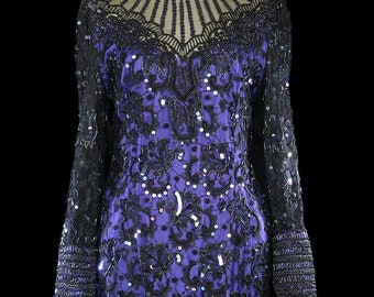 Oscar de la Renta beaded sequined dress, vintage LBD black lace blue purple beads sequins cocktail trophy gown, 1980s 80s, long sleeve