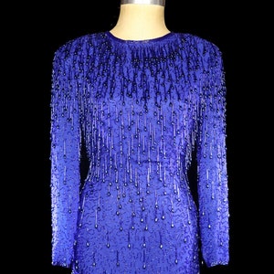 Blue beaded fringe dress, long sleeve cocktail gown, 1980s 90s trophy couture heavily bugle beaded not sequined evening, open keyhole back