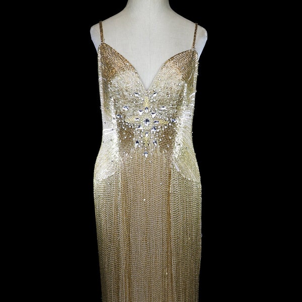 Epic Stephen Yearick gold bugle beaded red carpet gown metallic bombshell dress rhinestone jewels sleeveless shoulder straps, filigree cross