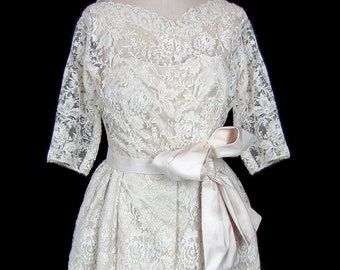 Nettie Rosenstein 1950s ivory lace dress silk taffeta day evening cocktail wedding formal reception mother bride 3/4 sleeves bow waist white