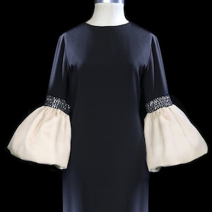 GRES black silver dress huge ivory bell cuffs little black dress LBD French couture Madame Mme Gres Boutique 1960 1970s 1980 avant garde