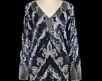 Saks 5th Ave beaded sequined dress, vintage LBD black silver gray pearl sequined beads cocktail trophy gown, 1980s 80s, long sleeve