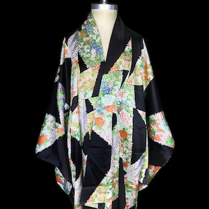 Silk kimono, robe or coat or dressing gown, vintage black tomesode furisode hyacinth floral flower floor length black ivory red green blue