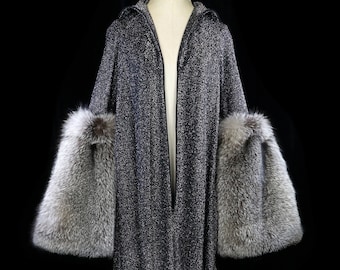 HALSTON maxi dress, silver gray black lurex gown caftan kaftan muumuu, metallic lame, huge fox fur sleeve cuffs, robe cover up coat zipper