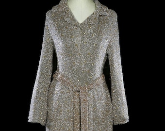 Norman Norell designed glass-beaded shirt dress belted, heavily beaded metallic couture gown silk long sleeve, Traina Norell 1940 1950 1960