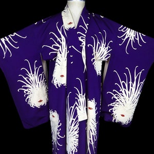 Old silk kimono, robe or coat or dressing gown, tomesode, floral flowers chrysanthemums, floor length, long sleeves, not furisode, indigo