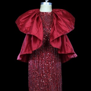 Bill Blass beaded fringe gown wine sequin dress avant garde couture origami ruffle halter red carpet formal backless shawl collar