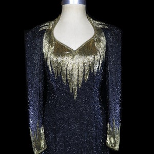 SAKS beaded dress gold black bugle bead cocktail gown silk chiffon trophy party reception evening red carpet cocktail open back not backless