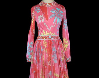 Averardo Bessi maxi dress, 1960s 1970s pink silk jersey chiffon gown long sleeve op art boho bohemian pattern Italian couture 60s 70s