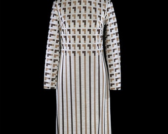 1960s op art maxi dress, vintage 1970s gown cocktail evening work office mod striped wool cubist space age modernist, long sleeve 60s 70s