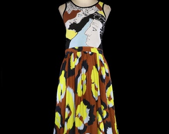 Roberto Cavalli knit maxi dress, op art pattern faces gown floral flowers, sleeveless floor length, grecian god Michelangelo David