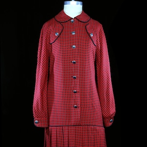 Adele Simpson dress 1960s 1970s mod red houndstooth wool cocktail evening work office, buttons long sleeves 60s 70s, plaid tweed herringbone