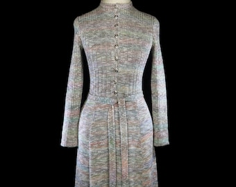 St John 1970s knit midi dress, vintage long sleeve day evening work office secretary shirt dress, 70s body con, belted heather brown ivory