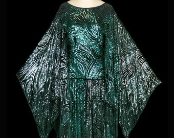 Halston sequined dress, kimono angel wing sleeve, green silver disco gown dancing party dress, Stevie Nicks style hankie hem skirt beaded