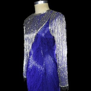 Bob Mackie beaded fringe dress, heavily beaded dress, evening formal red carpet, 1980s 80s 80&#39;s, long sleeves, fitted body con, blue silver