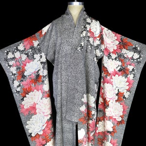 Silk kimono, robe or coat or dressing gown, vintage furisode, floral flowers, floor length long sleeves black white ivory Japanese dramatic