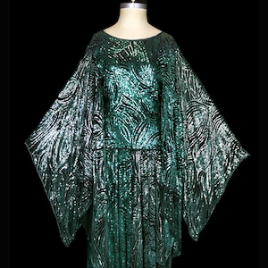 RESERVED - Halston sequined dress kimono angel wing sleeve green silver disco gown dancing party dress Stevie Nicks style hankie hem beaded