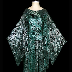 Halston Sequined Dress Kimono Angel Wing Sleeve Green Silver - Etsy