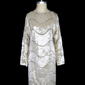Halston sequined evening dress, ivory off white beaded flapper gown 1970 1980 70s 80s vintage, silk relaxed fit long sleeves stripes silver