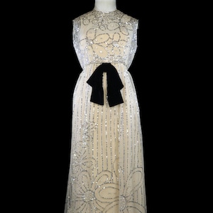Vintage sequin gown, sleeveless beaded maxi dress 1950s 1960s 60s 50s evening gown prom red carpet couture black velvet gold silver metallic