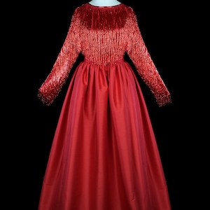 Andre Van Pier beaded fringe gown red long sleeve maxi dress couture evening red carpet 1980s 80s heavily beaded ballgown big full skirt