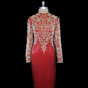 Naeem Khan beaded gown vintage Riazee dress pearl bugle beaded silk chiffon evening formal red carpet long sleeves floor length modest