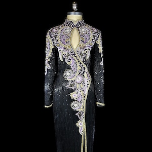 Naeem Khan beaded gown vintage Riazee heavily beaded dress beaded sequins evening formal red carpet long sleeve floor length black open back