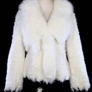 Dolce and Gabbana cream ivory fox fur curly lamb jacket, vintage Mongolian Tibetan lamb coat, avant garde designer couture rockstar D&G
