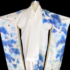 Vintage silk kimono, robe or coat or dressing gown, ivory blue satin furisode, birds feathers flowers landscape, floor length long sleeves