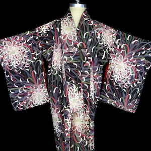 Old silk kimono, robe or coat or dressing gown, tomesode, floral flowers chrysanthemums, floor length, long sleeves, not furisode