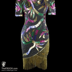 Beaded fringe dress, gold black blue op art bugle beads cocktail silk chiffon trophy party reception short sleeve open back not backless