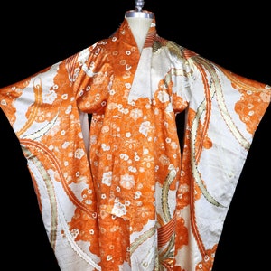 Embroidered kimono, silk robe coat dressing gown, orange satin furisode metallic gown silver floral flowers, floor length long sleeve birds