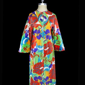 1960s 70s zip front caftan cover up hostess maxi dress, boho bohemian mod lounge festival kaftan muumuu pool coverup long sleeve op art 1970