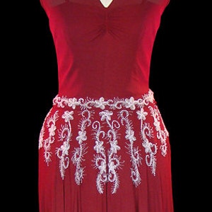 1930s beaded red silk chiffon dress, post-flapper era couture gown, sleeveless, Jean Harlow style antique evening gown