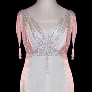 Wedding dress, antique Edwardian sequined beaded ivory silk chiffon fairytale fantasy, sleeveless, couture bridal dress, gelatin sequins