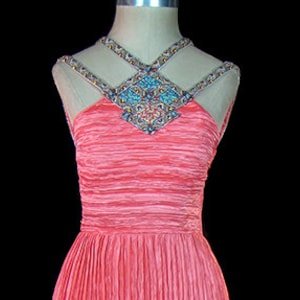 Mary McFadden Couture evening gown, heavily beaded & jeweled sleeveless ivory plisse dress, Fortuny / Miyake style pleats, pink red salmon