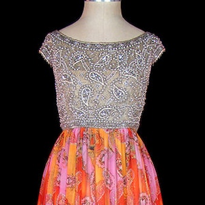 Valentino vintage beaded gown, heavily beaded silk chiffon red carpet formal evening dress, french couture, silver glass beaded paisely