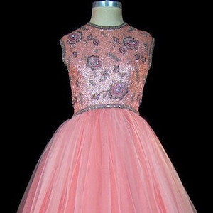 1950s beaded sequin tulle gown, evening, prom, red carpet dress. Sleeveless, full skirt, rhinestones crystals jewels, ballgown, pink red