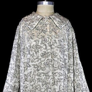 Long vintage beaded coat, silver silk satin evening jacket, opera, crystal rhinestone sequin pearls jeweled, metallic, long sleeves 1950s