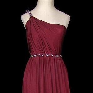 Beaded wine jersey maxi dress, grecian goddess single one shoulder 1960s 1970s Saks 5th Avenue red jersey gown, evening maxi, couture disco