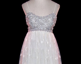 Bergdorf Goodman lace, pearl, silver beaded evening or wedding gown, embroidered ivory lace, empire waist, babydoll dress