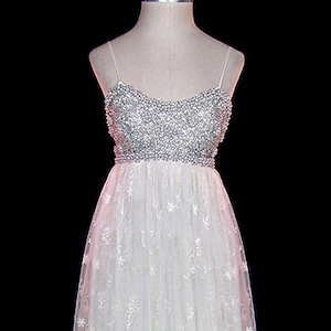 Bergdorf Goodman lace, pearl, silver beaded evening or wedding gown, embroidered ivory lace, empire waist, babydoll dress