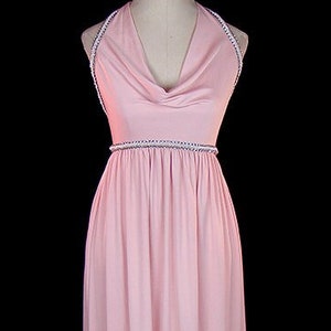 Halston beaded pink jersey halter dress, rhinestone & pearl beadwork, evening maxi, mother of the bride, vintage couture disco goddess gown