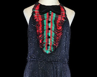Oscar de la Renta beaded dress, black silk chiffon sleeveless maxi, tuxedo collar velvet buttons bow, couture evening red carpet body con