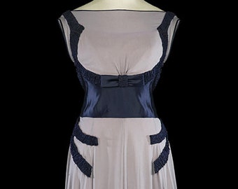 Vampy 1930s art-deco gown, blue silk satin dress georgette, authentic antique couture, gray chiffon, 1920s 1940s 30s post flapper red carpet