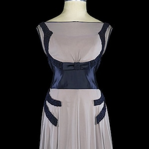 Vampy 1930s art-deco gown, blue silk satin dress georgette, authentic antique couture, gray chiffon, 1920s 1940s 30s post flapper red carpet