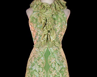 Vintage Oscar de la Renta gown, shimmering green lace halter maxi dress w/ ruffled collar and more trims, couture, backless